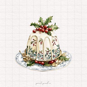 May include: A white Christmas pudding decorated with holly and red berries, sitting on a blue and white patterned plate.