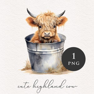 Vaca das Terras Altas em balde PNG clipart Lixeira de metal aquarela Animal de fazenda Scottish Meadow Clip art ilustração gráfica PNGs Sublimação Transferência