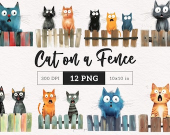 Eigenzinnige katten op een hek clipart kat PNG grillige kitten sublimatie illustraties schattige dieren eigenzinnigheid graphics grappige illustraties kattenliefhebber cadeau