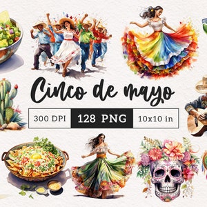 Clipart Cinco de mayo PNG Aquarelle fiesta mexicaine festival clipart cuisine traditionnelle danse femme Mexique paysage feux d'artifice illustration