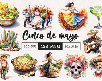 Cinco de mayo clipart PNG Watercolor Mexican fiesta festival clipart traditional food dancing woman Mexico landscape Fireworks illustration