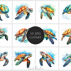 Tortue de mer Clipart JPGs de haute qualité Aquarelle océan animal clip art JPG Sublimation Junk Journal Paper crafting Licence commerciale