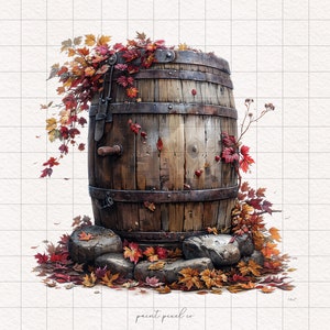 15 Tonneau de style campagnard automne Decor Clipart automne Boho PNG Aquarelle tonneau en bois rustique graphique Scène d'automne Esthétique saisonnière DTF