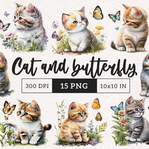 Clipart chat et papillon chat de jardin aquarelle clipart chaton mignon floral bébé animal album journal de sublimation usage commercial gratuit