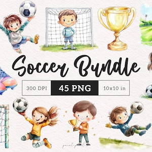 Clipart de fútbol de acuarela Lindos niños de fútbol PNG Clipart de guardería Pequeños deportes para niños Sublimación Decoración de habitación de niños pequeños Diario basura