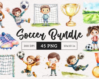 Akwarela Piłka nożna clipart Słodkie dzieci piłki nożnej PNG Przedszkole clipart Małe dzieci sportowe Sublimacja Wystrój pokoju małych chłopców Dziennik śmieci