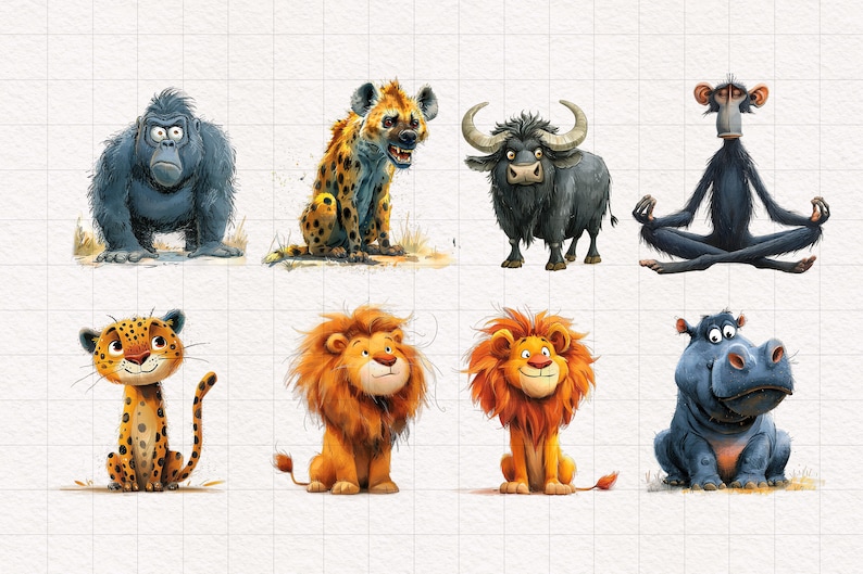May include: A digital illustration of eight different animals, including a gorilla, hyena, water buffalo, monkey, leopard, and three lions. The animals are all cartoon-like and have expressive faces.