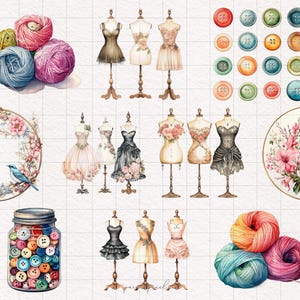 May include: A collection of vintage sewing and crafting supplies, including a jar of colorful buttons, balls of yarn in various shades of pink, blue, and green, and a wreath with blue birds. There are also several mannequins dressed in different styles of dresses, and a framed floral design with a bird.