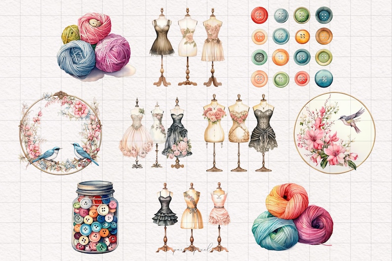 May include: A collection of vintage sewing and crafting supplies, including a jar of colorful buttons, balls of yarn in various shades of pink, blue, and green, and a wreath with blue birds. There are also several mannequins dressed in different styles of dresses, and a framed floral design with a bird.
