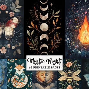 Mystic Cosmic Junk Journal - Lunar Ephemera Celestial Woodland Filler Pages Printable - Witchy Scrapbook Fantasy Backgrounds JPG
