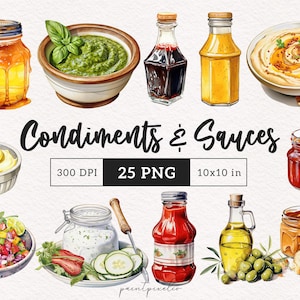 May include: A collection of 25 watercolor illustrations of various condiments and sauces, including honey, pesto, mayonnaise, salsa, hummus, ketchup, olive oil, and peanut butter. The illustrations are in a realistic style and are perfect for use in food-related projects.