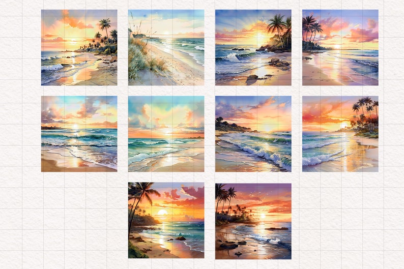May include: A collection of ten digital paintings depicting tropical beach scenes at sunset. Each painting features a sandy beach, turquoise water, palm trees, and a vibrant sunset sky.