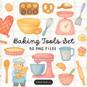 Puede incluir: Ilustración en acuarela de un juego de herramientas de repostería, que incluye una batidora, una balanza, un batidor y un rodillo. La imagen presenta un chef, una receta y varios productos horneados. Se muestra el texto "Baking Tools Set".