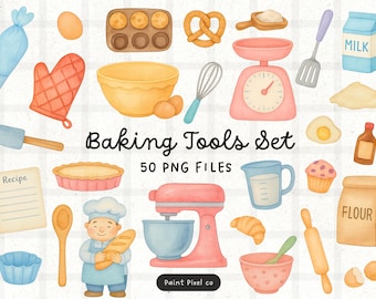 Cute Baking Tools Clipart Bundle - Watercolor Pastel kitchen appliance PNG images (Commercial Use) (Digital Download)