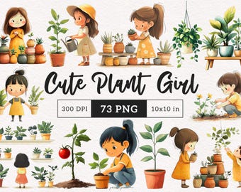 Cute Plant Girl PNG Indoor Garden Clipart gardening aesthetic Whimsy boho potted plants Botanical Spring Summer Paper Crafting Card making