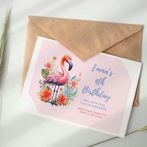 May include: Pink birthday invitation with a flamingo illustration and floral accents. The text reads "Emma's 4th Birthday" with the date, time, location, and RSVP information.