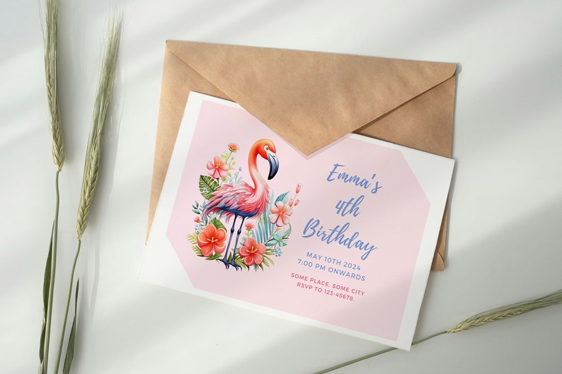 May include: Pink birthday invitation with a flamingo illustration and floral accents. The text reads "Emma's 4th Birthday" with the date, time, location, and RSVP information.