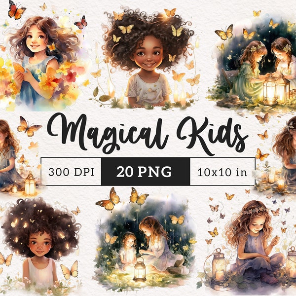 Enchanted girl Clipart Magical Fairy children PNG Watercolor mystical kids clip art Little Girl Magic clipart Fairytale Once upon a time PNG