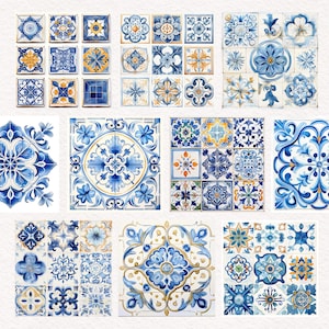 May include: A collection of blue and white decorative tiles with floral and geometric patterns. The tiles vary in size and design, featuring shades of blue and accents of yellow. The overall aesthetic is reminiscent of traditional Mediterranean art.