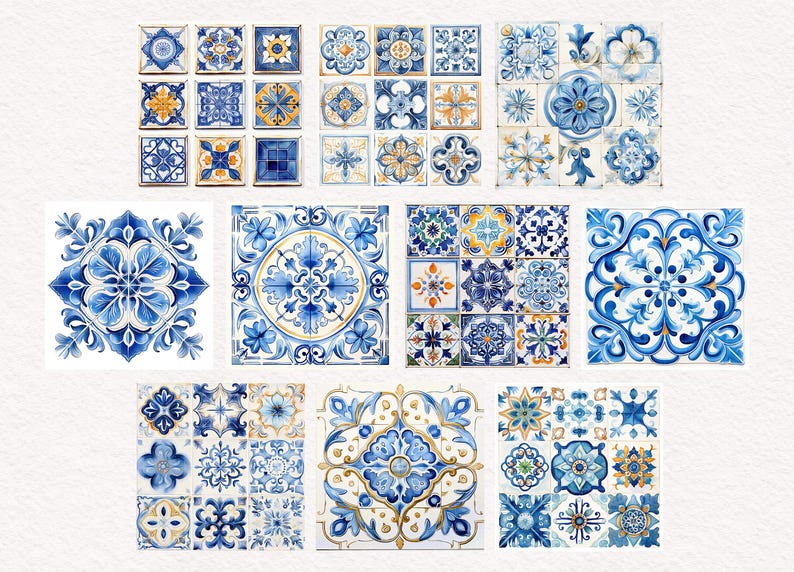 May include: A collection of blue and white decorative tiles with floral and geometric patterns. The tiles vary in size and design, featuring shades of blue and accents of yellow. The overall aesthetic is reminiscent of traditional Mediterranean art.