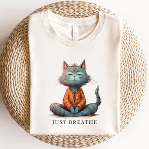 Chat méditant PNG Tshirt Sublimation Clipart Just Breathe Quote PNG Sublimation impression à la demande artisanat en papier Mug design gobelet carte imprimable