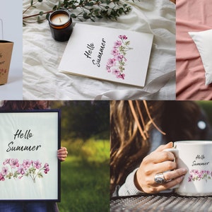 May include: A set of printable designs featuring the text "Hello Summer" with watercolor pink flowers. The designs are shown on a mug, pillow, tote bag, and framed print.