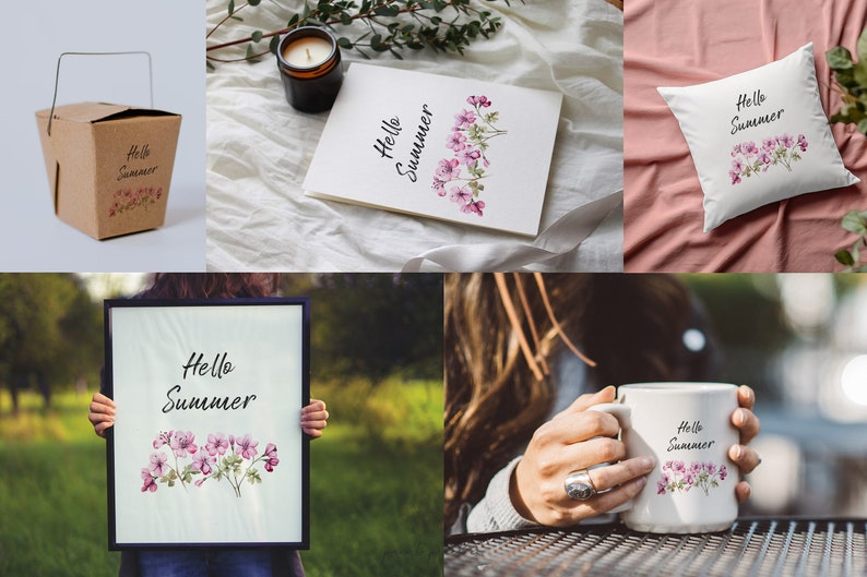 May include: A set of printable designs featuring the text "Hello Summer" with watercolor pink flowers. The designs are shown on a mug, pillow, tote bag, and framed print.