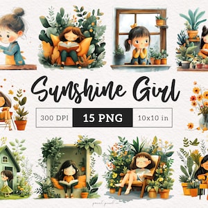 27 Chica de primavera floral con plantas PNG Chica de jardín de verano Clipart Flores Follaje lectura Sublimación Papel Manualidades Imprimible Uso comercial