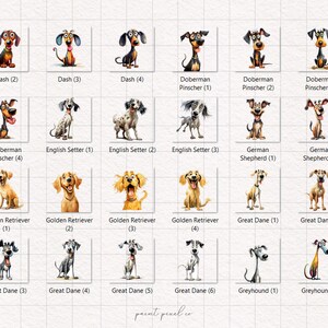 May include: A chart with illustrations of different dog breeds, including Dash, Doberman Pinscher, English Setter, German Shepherd, Golden Retriever, Great Dane, and Greyhound. Each breed is numbered 1 through 6.