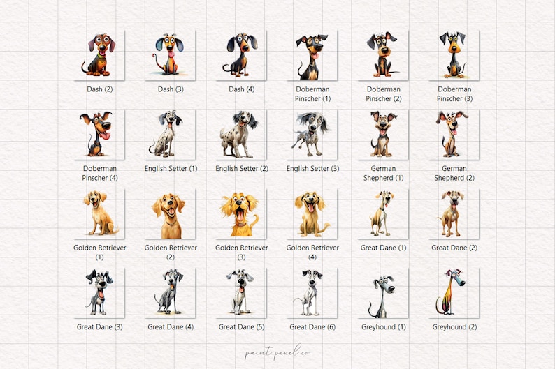 May include: A chart with illustrations of different dog breeds, including Dash, Doberman Pinscher, English Setter, German Shepherd, Golden Retriever, Great Dane, and Greyhound. Each breed is numbered 1 through 6.
