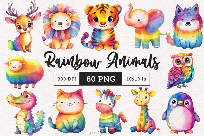 Rainbow Baby Animals Clipart Rainbow Bird Painted Animal Watercolor ...