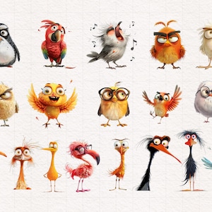 May include: A collection of 18 cartoon birds with various expressions and colors, including a red parrot, a yellow bird with glasses, a white bird with glasses, a blue bird singing, and a black bird with a long neck.