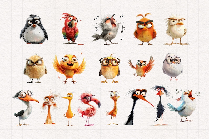 May include: A collection of 18 cartoon birds with various expressions and colors, including a red parrot, a yellow bird with glasses, a white bird with glasses, a blue bird singing, and a black bird with a long neck.
