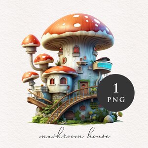 Toadstool house Aquarelle Champignon PNG clipart Orange Fantasy illustration graphique Sublimation Transfer Journal PNGs Imprimable Conte de fées