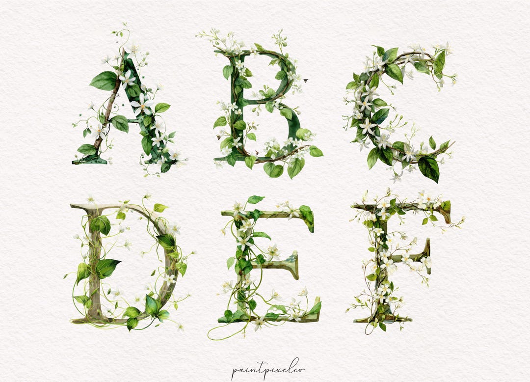 Botanic Lettering Foliage Alphabet Clipart Botanical Alphabets Boho Watercolor Leaf ...