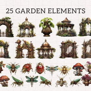 May include: 25 Garden Elements: A collection of digital illustrations featuring intricate, steampunk-inspired garden elements.  The set includes gates, gazebos, planters, and insects, all adorned with intricate details and a whimsical, overgrown aesthetic.