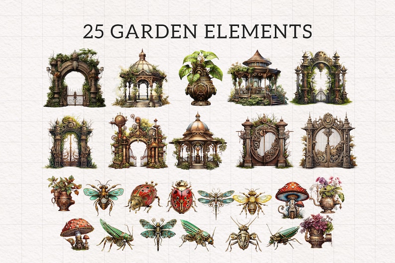 May include: 25 Garden Elements: A collection of digital illustrations featuring intricate, steampunk-inspired garden elements.  The set includes gates, gazebos, planters, and insects, all adorned with intricate details and a whimsical, overgrown aesthetic.