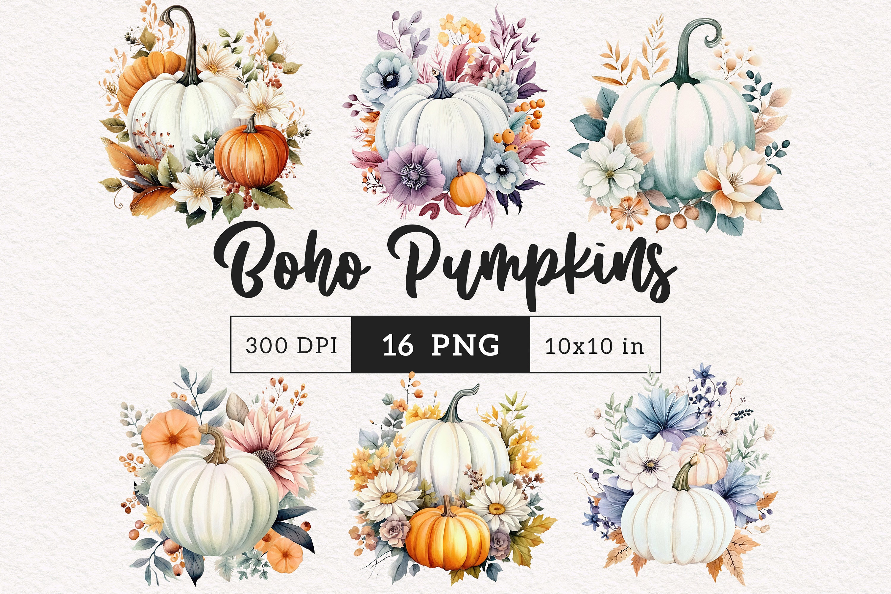 Boho Fall Pumpkin Clipart Floral Pumpkin Bouquets PNG Bohemian Autumn ...