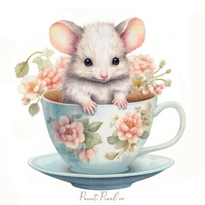 11 Mouse clipart High Quality JPGs Watercolor Cute Mice inside a tea cup clip art Sublimation Junk Journal Paper crafting Commercial License image 7
