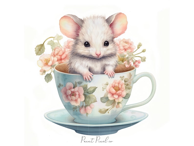 11 Mouse clipart High Quality JPGs Watercolor Cute Mice inside a tea cup clip art Sublimation Junk Journal Paper crafting Commercial License image 7