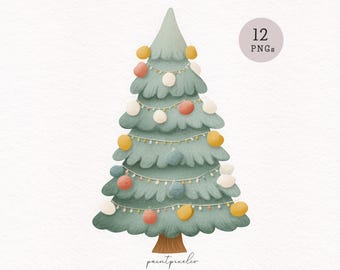 12 Watercolor Christmas Trees clipart Minimalist Holiday pine tree PNG Neutral Christmas Decor graphics Sublimation Xmas Commercial Use