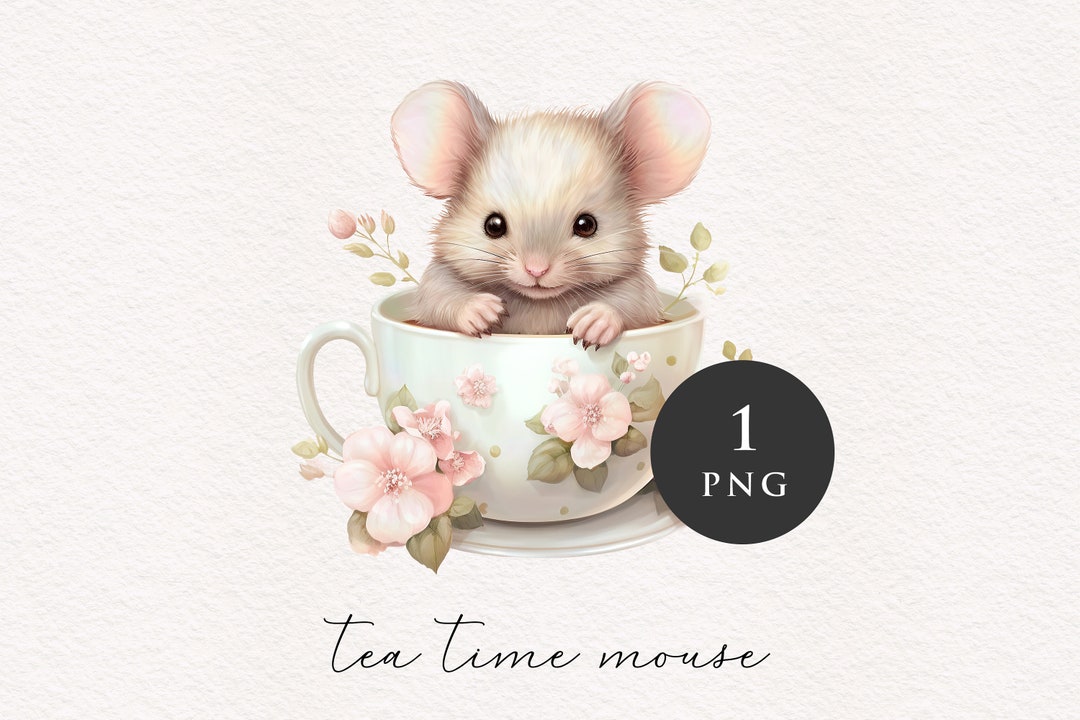 Vintage Mouse in a Tea Cup PNG Clipart Animal Clip Art Nursery Adorable