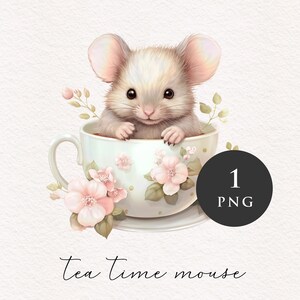 Vintage Mouse in a tea cup PNG clipart animal Clip art nursery adorable rodent cute graphics PNGs Sublimation transfer Card making Journal