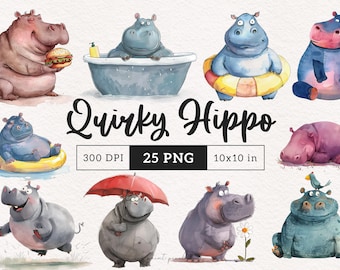 Quirky Hippo PNG Funny Hippopotamus Clipart Silly Safari Animals Nursery art Wildlife Whimsical Sublimation Cartoon Hippos with floater PNG