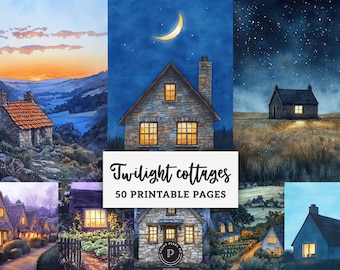 Twilight Cottages Junk Journal Papers - Cozy Cottagecore Aesthetic Printable - Fairytale Scrapbook Shabby chic Ephemera Digital Backgrounds