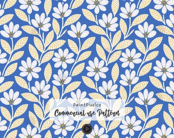 Blue Floral Seamless Pattern Botanical Design Rustic Digital Paper Background (Commercial Use) (Digital Download)