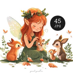 Forest Fairies Clipart JPG Chibi Spring Fairy Green grillige afdrukbare kinderkamer inrichting kawaii sublimatie kaart maken Whimsy Mixed Media