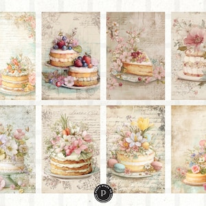 May include: A collage of eight vintage-style images featuring cakes adorned with flowers and berries. The cakes are multi-layered and sit on decorative plates. The backgrounds have a faded, antique aesthetic with floral and script elements.
