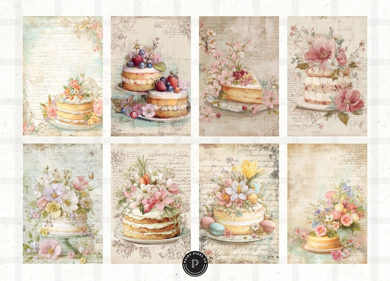 May include: A collage of eight vintage-style images featuring cakes adorned with flowers and berries. The cakes are multi-layered and sit on decorative plates. The backgrounds have a faded, antique aesthetic with floral and script elements.