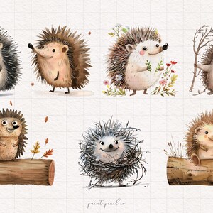 May include: Six watercolor illustrations of cute hedgehogs in various poses. Some hedgehogs are holding branches, flowers, or are sitting on logs. The illustrations are on a white background with a grid pattern.